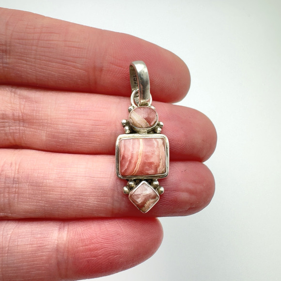 Vintage Pink Rhodochrosite Silver Pendant High Quality 950 Silver - Picture 1 of 6